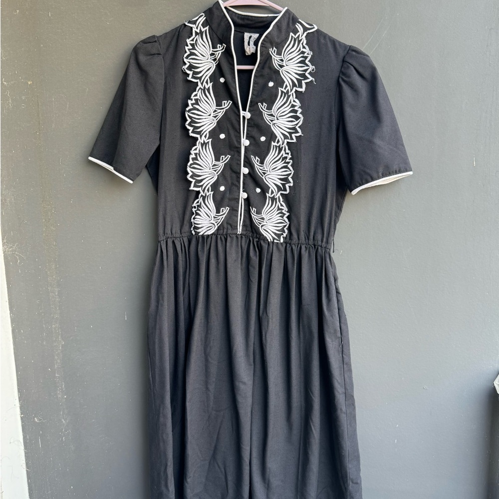 Vintage Black Midi Dress with White Floral Embroidery